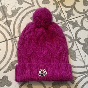 Moncler Kids Magenta Cable Knit Hat with Pom Pom